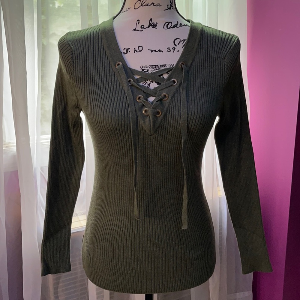 Hunter Green Corset Tie Front Sweater